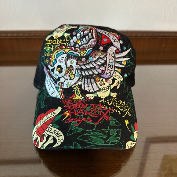 Christian Audigier Don Ed Hardy Hat Cap Snap Back Love Kills Trucker Mesh Jewels - Picture 1 of 9